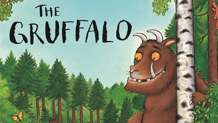 A close up of the Gruffalo book cover, including a drawing of the Gruffalo against a forest with black text saying 'The Gruffalo'.