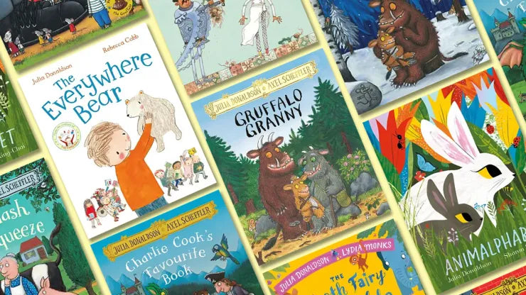 A grid of Julia Donaldson book covers including The Everywhere Bear, Gruffalo Granny and Charlie Cook’s Favourite Book.